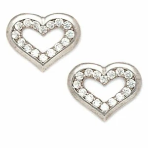 14K Solid W Gold 10MM Women/Children White Sapphire Heart Shape Push Back Studs - Picture 1 of 1
