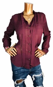 Ann Taylor Loft M Top transparent burgunderrot Bluse Knopfleiste Shirt vorne zum Binden lange Slvs - Bild 1 von 10