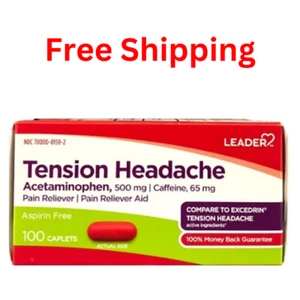 2 Pack- Leader Tension Headache Acetaminophen 500 mg Pain Relief Caplets 100 Ct - Picture 1 of 3