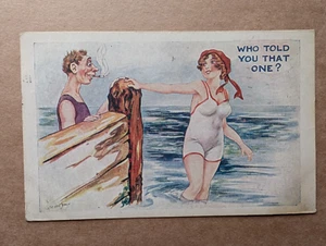 OLD POSTCARD ARTIST STOCKER SHAW SEASIDE COMIC WOMAN SWIMWEAR MAN SMOKING SP 647 - Picture 1 of 2