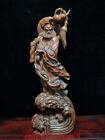 Chinese Antique Old Square Wood Hand-Carved Statue Of Dharma The Walking Man
