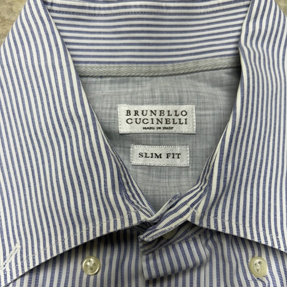 Brunello Cucinelli Men's XXL Slim Fit Blue Striped Dress Shirt - Image 1 of 4