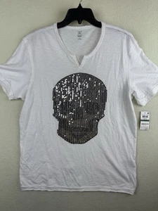 INC White T Shirt With Silver Beaded Skeleton Skull V-Neck Adult Size Large - Picture 1 of 7