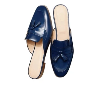 J crew Italian Leather Mules loafers slip on shoes Blue Size 9 preppy Academia - Picture 1 of 9