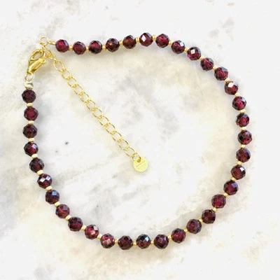3-4MM Red Garnet Gold Plated Beads Bracelet Sterling 925 Silver Faceted 7-8.75" - Image 1 of 4