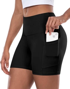 Womens Biker Yoga Shorts with Pocket, High Waisted Tummy Control 5 Inch Workout - Picture 1 of 37