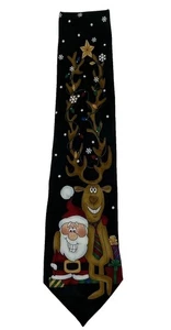 Christmas Necktie Greetings Santa and Reindeer Holiday Hallmark Tie - Picture 1 of 5