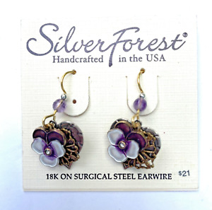 SILVER FOREST 18K GP Handcrafted in USA Purple Orchid Dangle Earrings NEW