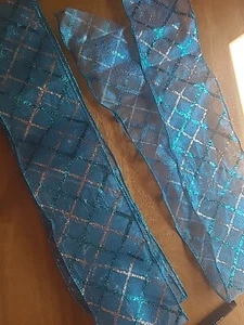 Vintage Christmas Ribbon wire Edges, Criss Cross Pattern Blue And Silver Glitter - Picture 1 of 4