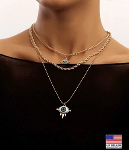 Fashion Women Retro Necklace Layered Crystal Evil Eye Heavy Twisted Pendant 1943 - Picture 1 of 5