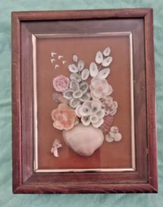 Einzigartige gerahmte Schattenbox Blumentopf mit Blumen Muschelkunst Made in Mexico - Bild 1 von 3