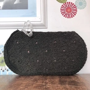 Vintage Black Crochet Corde Clutch, 1940s Bag w/Lucite Handle Zipper Pull - Picture 1 of 16