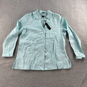 NEW Talbots Shirt Womens 14 Blue Tunic Button Up Top Pure Linen Long Sleeve - Picture 1 of 18