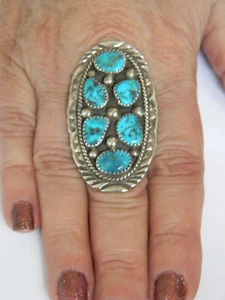 Anello Dichiarazione Turchese Marlene Jones Navajo Enorme Kingman Argento Sterling Taglia 7,5 - Foto 1 di 15
