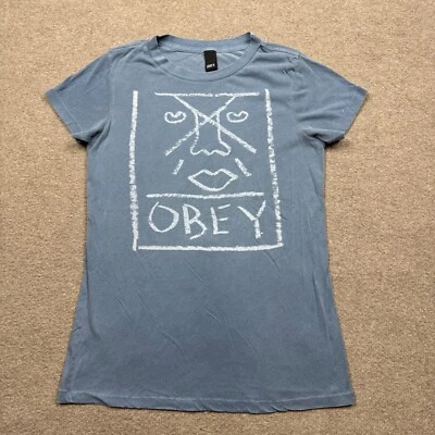 Vintage Y2K Obey Graphic T Shirt Women's Size L Blue V Neck Short Sleeve Stretch - Image 1 of 4