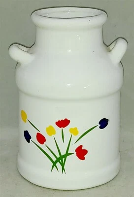 Ceramic Miniature Milk Jug White w/ Red Yellow Blue Flowers 6" VASE - Image 1 of 3