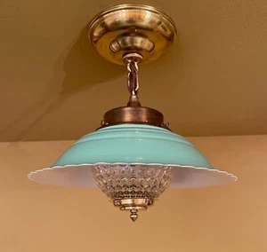 Vintage Lighting 1940s seafoam green and brass HOBNAIL kitchen light - Picture 1 of 6