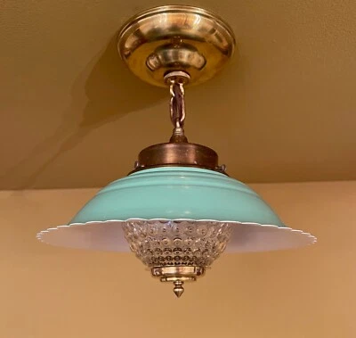 Vintage Lighting 1940s seafoam green and brass HOBNAIL kitchen light - Image 1 of 4
