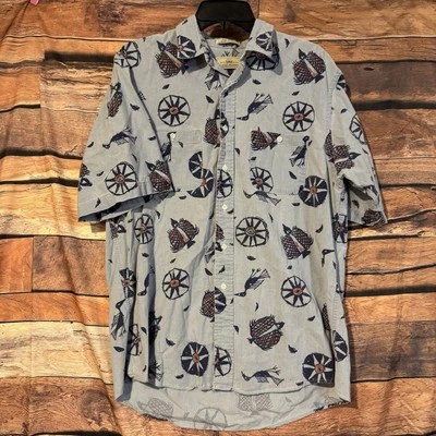 Cotton Brothers Shirt Large Men Blue Hieroglyphics Button Up Short Sleeve Mayan - Image 1 of 4