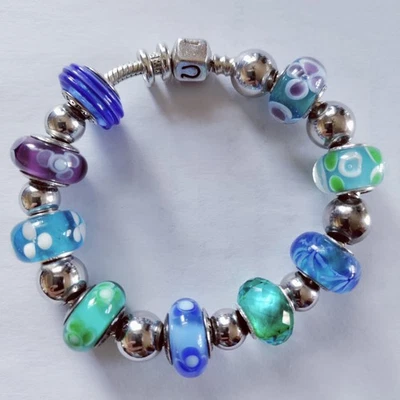 Pandora Sterling Silver & Other Glass Beads on Chamilia Snake Bracelet SHIPS FRE - Image 1 of 4