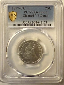 1877-CC PCGS Gold Shield Seated Liberty Quarter Cleaned VF Detail - 90% Silver! - Picture 1 of 7