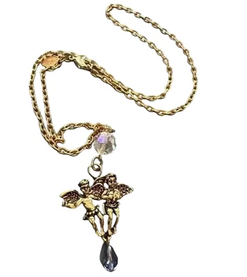 KIRKS FOLLY   Cherub Angels Necklace - lavender crystal drop - goldtone - Image 1 of 4