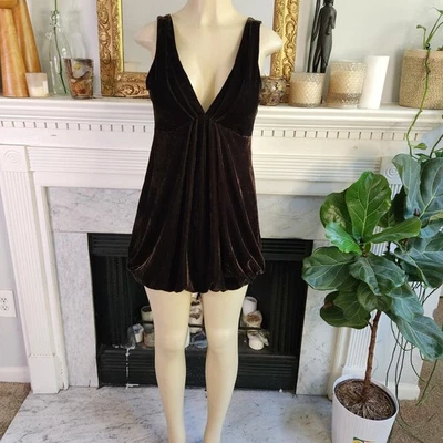 Vintage 90s Brown Velour Velvet Bubble Dress Y2K Low Back Stretch Size 10 - Image 1 of 4