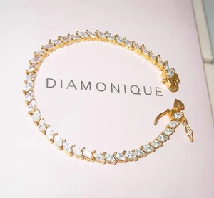 DAZZLING DIAMONIQUE GOLD ON STERLING SILVER 6.5" TO 7" WRIST TENNIS BRACELET QVC - Picture 1 of 1