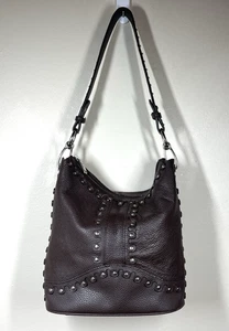 MC Mark Chantal Studded Brown Pebbled Leather Bucket Shoulder Hobo Bag Boho Rock - Picture 1 of 15