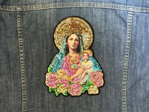 Madonna & Baby Virgin Mary Fabric & Sequin Large Appliqué Baroque Gothic Pastel - Picture 1 of 9