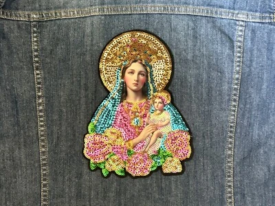 Madonna & Baby Virgin Mary Fabric & Sequin Large Appliqué Baroque Gothic Pastel - Image 1 of 4