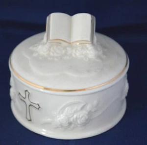Baratija/caja de rosario de porcelana blanca con adorno dorado - mango bíblico - Imagen 1 de 2