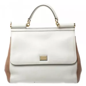 DOLCE &GABBANA Handbag White Leather Sicily Logo Crystal Shoulder Top Handle Bag - Picture 1 of 11
