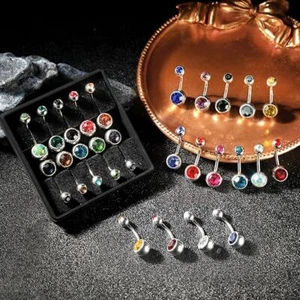 10x Belly Bar Surgical Steel Double Crystal Gem Navel Bar Button Ring Belly Bars - Picture 1 of 11