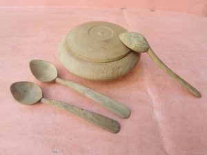 OLD ANTIQUE PRIMITIVE WOODEN HANDMADE RARE CARVED 3 SPOONS with CUP BOWL SALTER - Picture 1 of 11