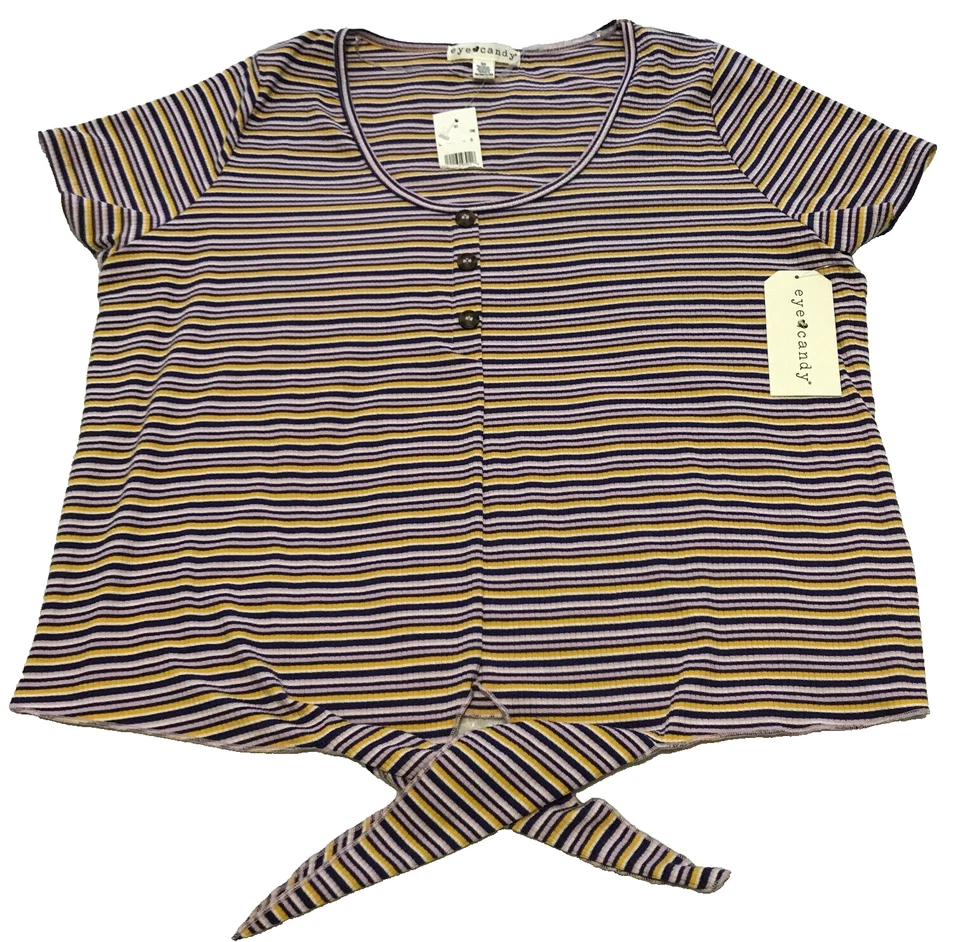 Eye Candy Womens Top Sz 3X Lavender Yellow Black Stripe Front Knot Stretch NWT - Image 1 of 4