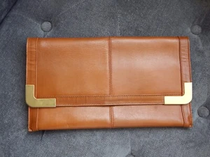 Vintage Tan Brown Gold Corner Detail Clutch Handbag Rectangular lined Popper - Picture 1 of 24