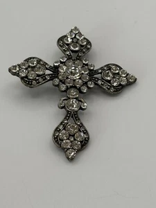 Rhinestone Inlay Large Cross Pendant Charm Silver Tone - Picture 1 of 4