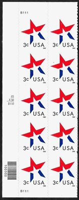 PATRIOTIC STAR US #3614 RED WHITE BLUE 2002 ON RIGHT 10 MVF 3c STAMP PLATE BLOCK - Image 1 of 2