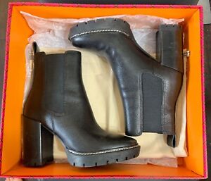Tory Burch 70mm Carson Lug Tumbled Leather Heel Boot Size 7 Perfect Black w/Box