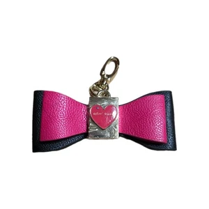 Betsey Johnson Purse Charm Clip Bow w Heart Goldtone Hardware Pink Black Flaw - Picture 1 of 10