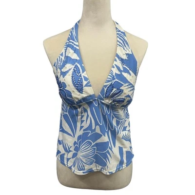 La Blanca Blue White Beaded Halter Tankini Swim Top 12 Tropical Resort Wear - Image 1 of 4