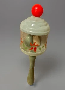 Vintage MCM 1940/50’s Celluloid Plastic W/Wooden Handle 6.5” Baby Rattle - Picture 1 of 6