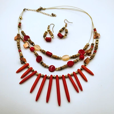 Conjunto de brincos de colar declaração de fio triplo laranja com miçangas mídia mista vidro - Imagem 1 de 4