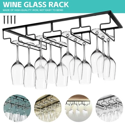 Black Metal Hanging Wine Glass Holder Cup Hanger Under Cabinet Bar Storage Rack - Image 1 of 4