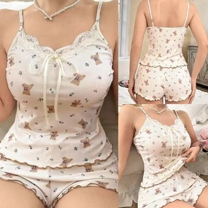 Casual Home Wear Women's Pajama Set Featuring Lace Camisole and Shorts - Picture 1 of 10