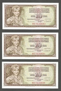 Yugoslavia 10 Dinars 4.11.1981; UNC; P-87b; BNB-B409e; Lot of 3 consecutive # - Picture 1 of 2
