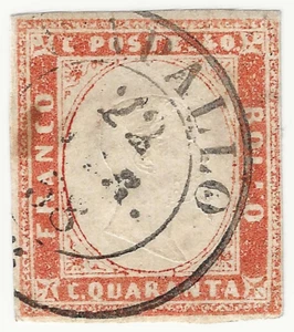 1857 Sardegna - 40 c. vermiglio arancio chiaro Sassone 16Ab annullo di Rapallo - Foto 1 di 2