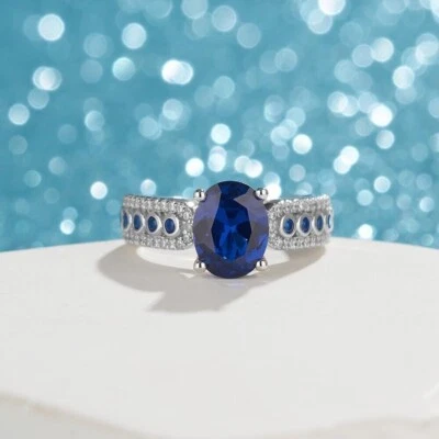 Anillo de boda solitario de media eternidad de 2,30 quilates de plata 925 ovalado zafiro creado en laboratorio Foto 1 de 3