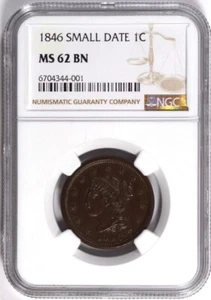 1846 SMALL DATE BRAIDED HAIR LARGE CENT 1C NGC MS 62 BN - Picture 1 of 2